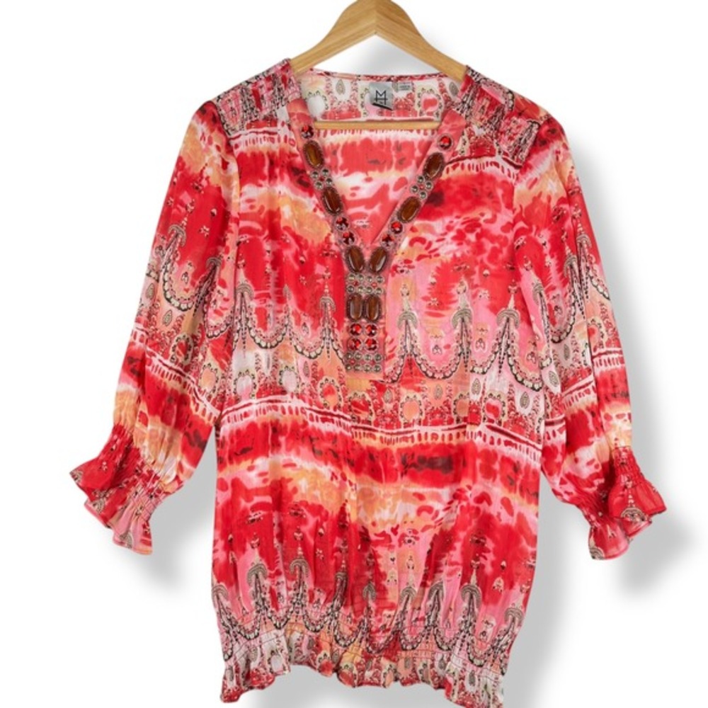 Marc Bouwer Beaded Chiffon Top Womens Size‎ Large Boho Fairy Abstract Vibrant